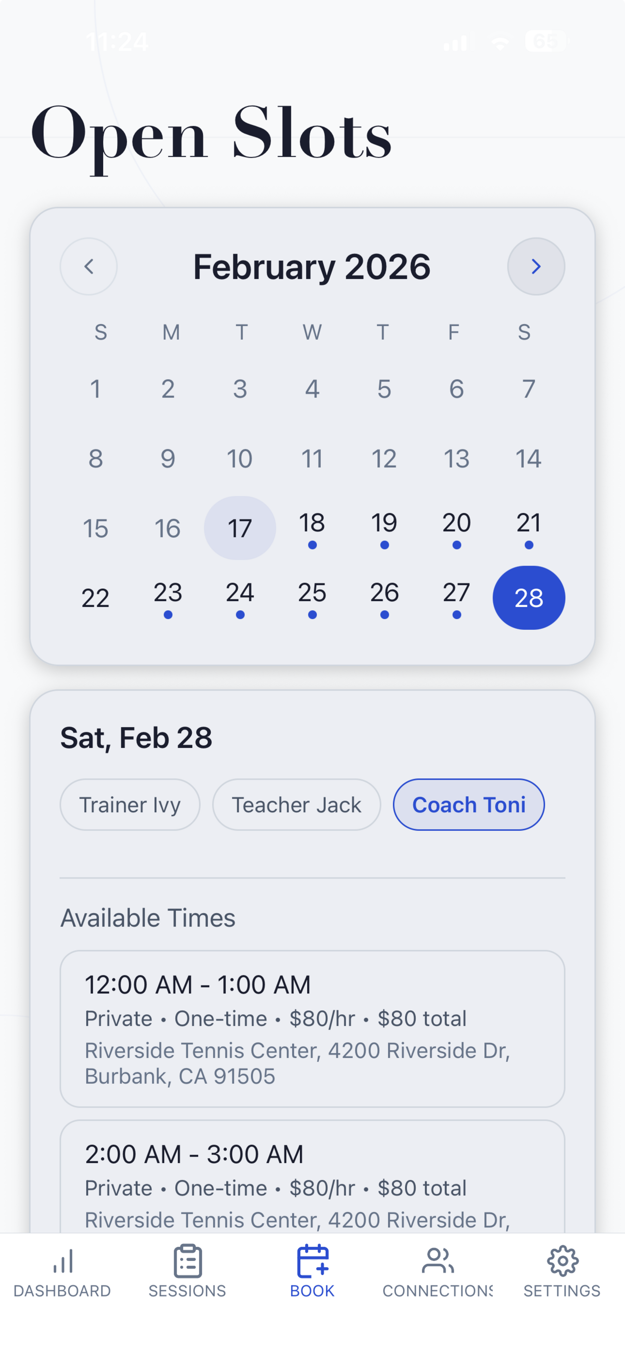 Sessio client booking screen showing provider availability