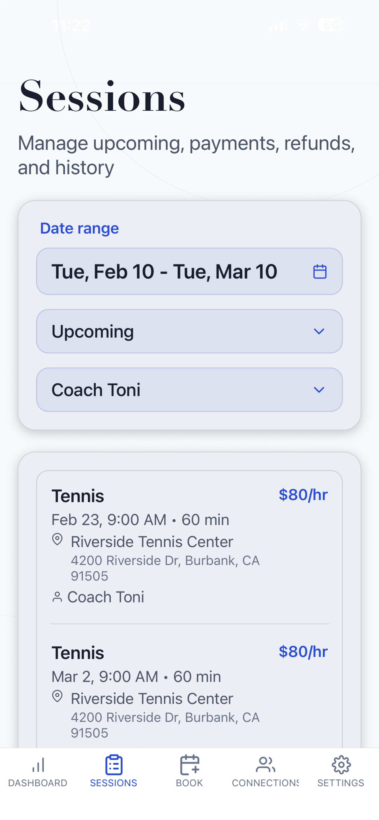Client sessions list in Sessio