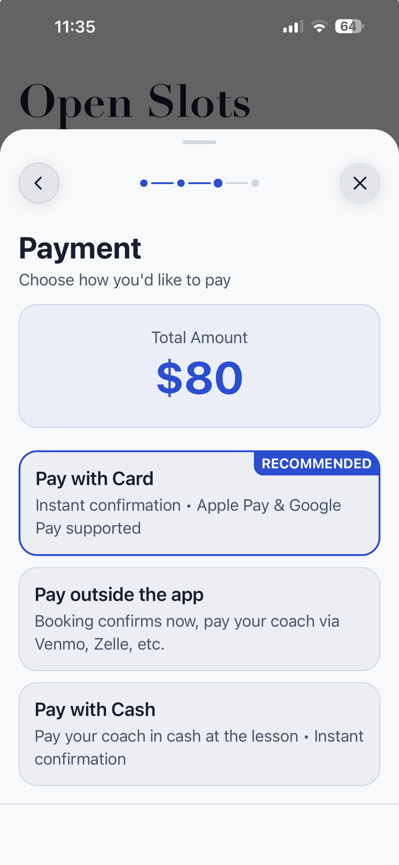Sessio payment options screen
