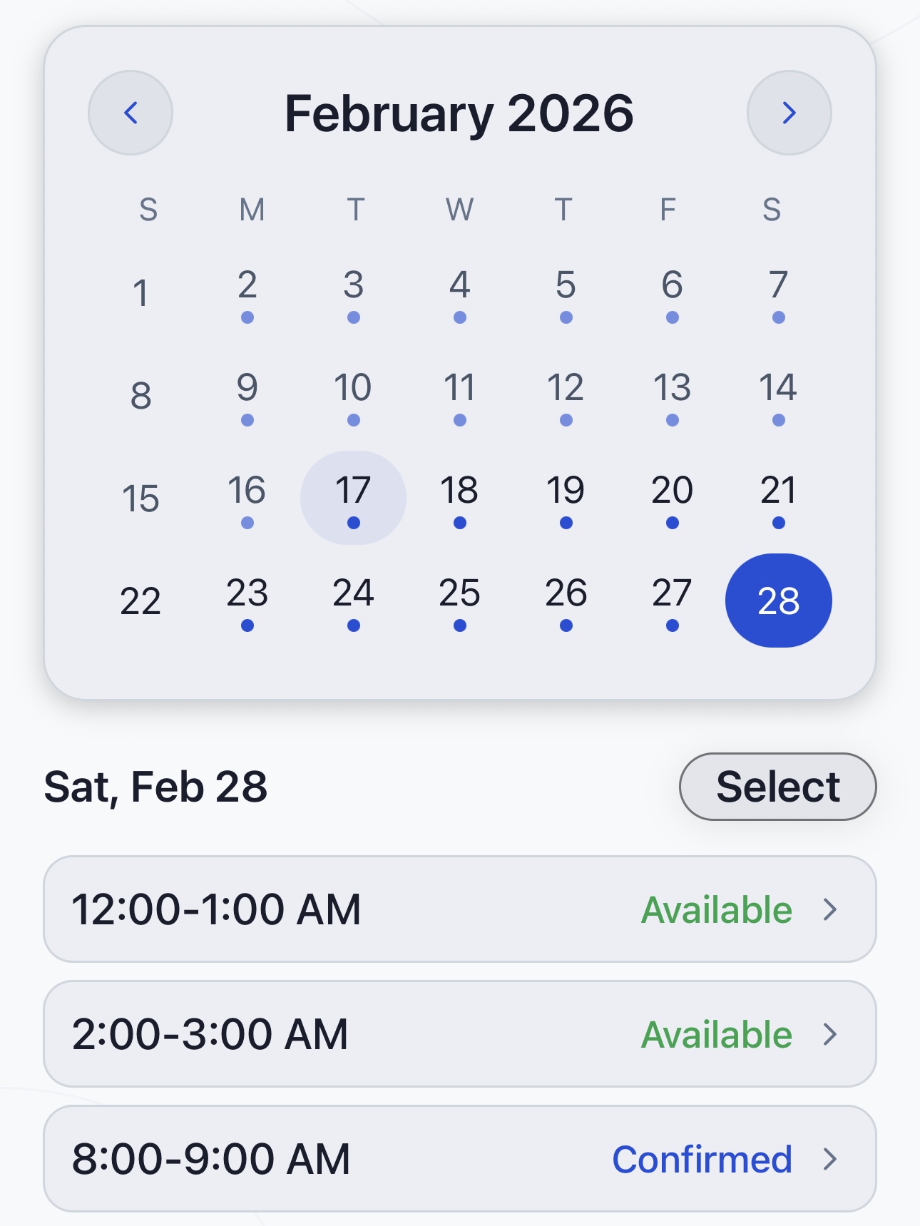 Provider availability calendar and time slots in Sessio