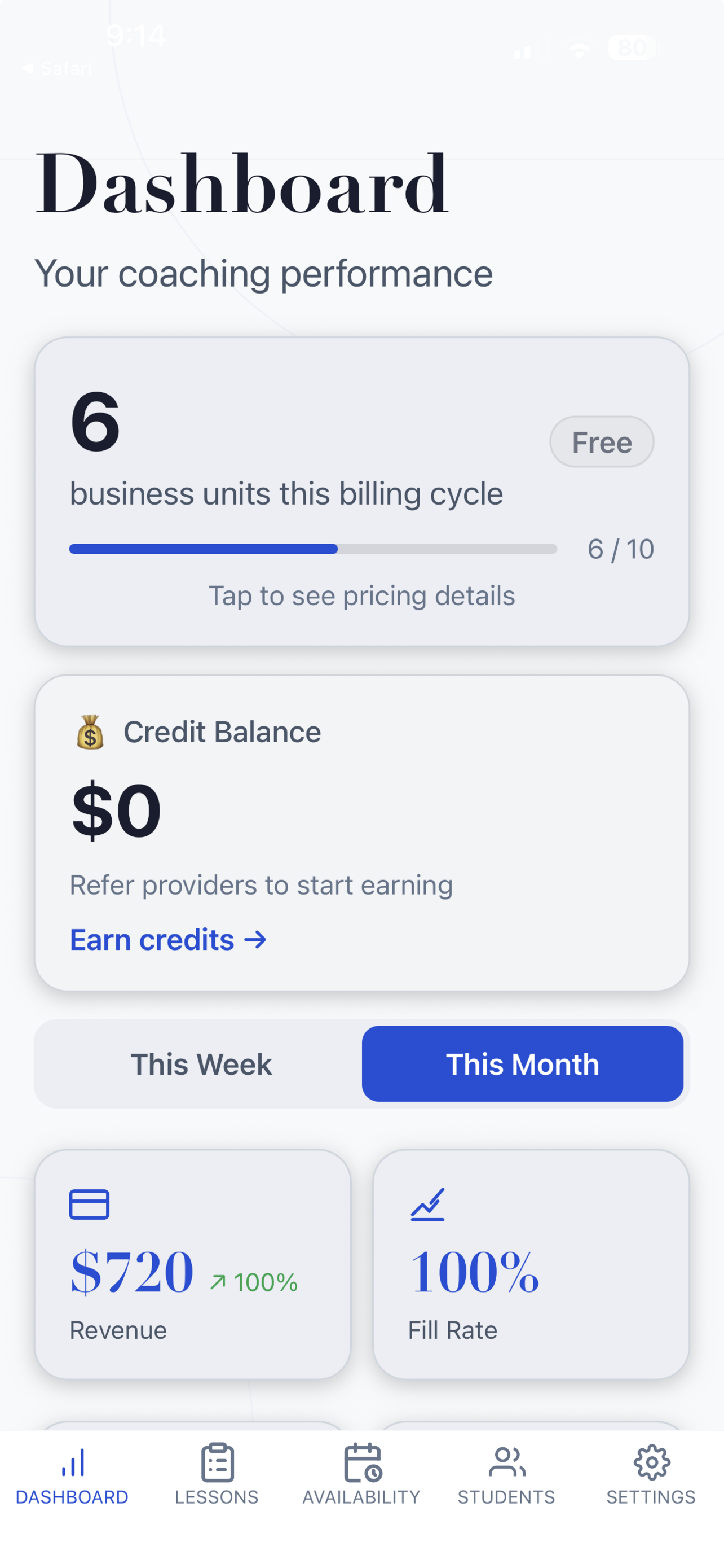 Sessio provider dashboard showing bookings and provider metrics